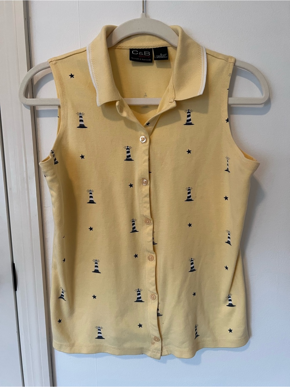 Vintage Sleeveless Yellow Polo Top with Navy Lighthouse Print
